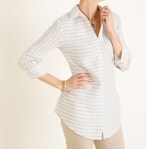 CHICO'S Shirt Size 12/14 No Iron Button Down 100% Linen Stripes White Neutral